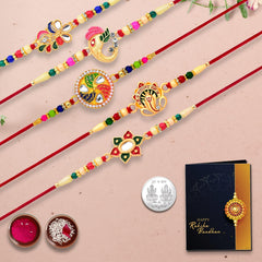 Unisex-Adult Rakhi Set Of 5 Rakhi, Peacock Rakhi | Ganesh Rakhi | Flower Rakhi | Rakhi For 5 Brother