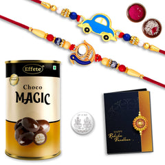 Multicolor Rakhi Combo with Chocolate Magic , Silver Color Pooja Coin, Roli Chawal & Greeting Card, Occasion, Rakhi & Chocolate for brother, Rakhi with chocolate, rakhi with gift, Rakhi Combo, Set of 2 Rakhi, Rakhi Chocolate Gift combo (K2_3