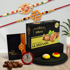 (K2_528+531_CA32) Rakhi Combo with Chocolate Almonds 32gm, Rakhi & Chocolate for brother, Fancy Rakhis for men stylish, rakhi with gift, Rakhi Combo, Set of 2, Chocolate