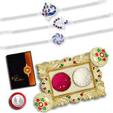 Rakhi Combo (K3_C14+C15+C16_AA1) with Pooja Coin, Gold Color Pooja Thali / Tilak Set & Greeting Card, rakhi thali | rakhi for brother and bhabhi | Rakhi with plate | Rakhi for kids | rakhi for brother and bhabhi | handmade rakh | rakhi for brother