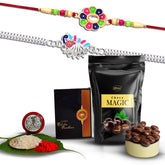 Multicolor Rakhi Combo with Chocolate Magic 32gm, Silver Color Pooja Coin, Roli Chawal & Greeting Card | Occasion | Rakhi for brother with gift | bracelets for men stylish |rakhi combo for brother | Set of 2 Rakhi | Rakhi Chocolate Gift comb