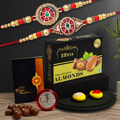 (K2_422+424_CA32) Rakhi Combo with Chocolate Almonds 32gm, stylish rakhi for brother, Rakhi & Chocolate for brother, rakhi brother, rakhi with gift, handmade rakhi, Set of 2 Rakhi