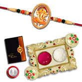 Rakhi (K1_908_AA1) with Pooja Coin, Gold Color Pooja Thali / Tilak Set & Greeting Card, Rakhi with plate, rakhi thali set, rakhi for brother kids, handmade rakhi, Fancy Rakhi for brother, Rakhi for Little brother, rakhi for brother and bhabhi, rakh