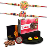 Rakhi combo Gift For Brother with Crispy Chocolate | Golden color Ganesh Rakhi | Rakhi Gift for Brother/Sister | New Rakhi | Rakhi Set Of 2| With Greeting Card,Roli-Chaval,Coin(K2_529+530_CM32)