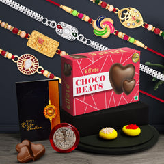 Rakhi combo Gift For Brother with center filled chocolate | Best Rakhi Collection | Rakhi Gift for Brother/Sister | Bracelet Rakhi | Rakhi Set Of 5| With Greeting Card,Roli-Chaval,Coin(K5_NC14_CB32)
