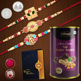 Rakhi combo Gift For Brother with chocolate butterscotch | Golden color kalash Rakhi | Rakhi Gift for Brother/Sister | Bracelet Rakhi | Rakhi Set Of 3| With Greeting Card,Roli-Chaval,Coin(K3_508+509+510_BS)