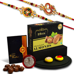 (K2_551+552_CA32) Rakhi Combo with Chocolate Almonds 32gm| Rakhi for brother with gift | chocolate gift pack |rakhi with Chocolate Gift Hemper | Fancy Rakhi for men | Set of 2 |