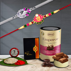 Multicolor Peacock Silver & Ganpati in Lotus Colorful Rakhis / Bracelet & Chocolate Emperor (CRM), with Silver Color Pooja Coin, Roli Chawal & Greeting Card, Occasion, Rakhi Combo with card and chocolate, chocolates gift pack, Rakhi & Chocol