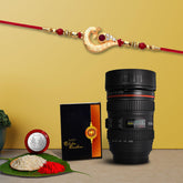 Multicolor (K1_258_M720) Rakhi Combo with Camera Lens Coffee Mug, Silver Color Pooja Coin & Greeting Card | Occasion | Rakhi for brother with gift | Rakhi mug brother | rakhi combo for brother | Fancy Rakhi for brother | tea mug | Men Fancy Rakhi |