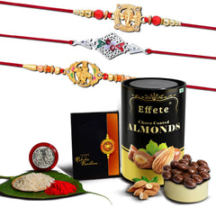 (K3_908+909+A42_CA) Rakhi Combo with Chocolate Almonds 96gm, Rakhi & Chocolate for brother, Fancy Rakhis for men stylish, rakhi with gift, Rakhi Combo, Set of 3, Chocolate