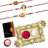 (K3_554+555+556_AA1) Rakhi Combo with Pooja Coin, Gold Color Pooja Thali / Tilak Set & Greeting Card rakhi thali, rakhi for brother and bhabhi, Rakhi with plate, rakhi for brother and bhabhi, rakhi for baby brother, rakhi for brother kids, bhaiya b