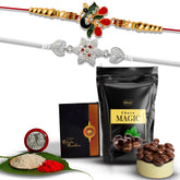Multicolor Bracelet/ Rakhi (K2_534+C11_SP) & Chocolate Magic 32gm with Silver Color Pooja Coin, Roli Chawal & Greeting Card | Occasion | Rakhi for brother with gift | Rakhi with chocolate |rakhi combo for brother | Set of 2 Rakhi | Rakhi Cho