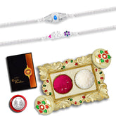 Rakhi Combo (K2_C31+C32_AA1) with Pooja Coin, Gold Color Pooja Thali / Tilak Set & Greeting Card rakhi thali set, Rakhi with plate, Rakhi for kids, rakhi for brother and bhabhi, rakhi silver, rakhi for baby brother, rakhi for brother kids, rakhi Se