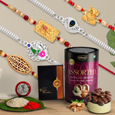 Multicolor Bracelet/ Rakhi (K5_NC47_AS) & Assorted Chocolate Dry fruits with Silver Color Pooja Coin, Roli Chawal & Greeting Card, Occasion, Rakhi Combo with card and chocolate, chocolates gift pack, Rakhi & Chocolate for brother, rakhi with