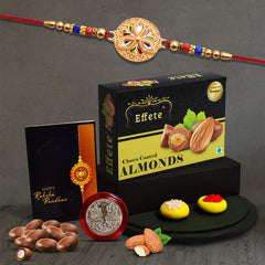 Rakhi For Brother Set Of 1 with Chocolate Almonds , Silver Color Pooja Coin, Roli Chawal & Greeting Card