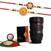 Multicolor Shri & Floral Diamonds Colorful Beads Rakhis (K2_537+538_M720) & Camera Lens Coffee Mug with Silver Color Pooja Coin & Greeting Card | Occasion | kids silver Rakhi | Fancy Rakhi for brother | gifts for Little brother | online Rakhi combo