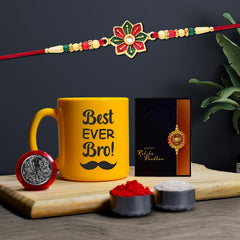 Rakhi Combo (K1_558_YTM) Plastic, Unbrekable Tea / Milk / Coffee Mug (Yellow Best Ever Bro Mug) with Pooja Coin & Greeting Card, rakhi set, rakhi mug, rakhi for brother with mug, rakhi mug for brother, rakhi for brother with coffee mug, rakhi with