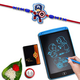 Multicolor Peacock shaped rakhi Combo (K1_513_1360) with LCD Writing Pad/Tablet for Kids, Silver Color Pooja Coin & Greeting Card | Occasion | Rakhi for brother with gift | fancy Rakhi for men stylish |rakhi combo for brother | Fancy Rakhi for brot