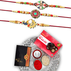 Rakhi (K3_414+415+416_DS+CM32) & Chocolate Magic 32gm & Pooja Thali, Rakhi & Chocolate for brother, Rakhi with chocolate, rakhi with gift, Rakhi Combo, Set of 3 Rakhi, Chocolate