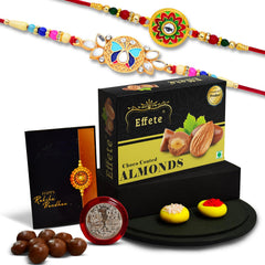 (K2_513+514_CA32) Rakhi Combo with Chocolate Almonds 32gm| Rakhi for brother with gift | Fancy Rakhis for men stylish |rakhi combo for brother | Set of 2 Rakhi | Chocolate |