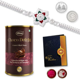Multicolor Rangoli Floral Silver Color Rakhi / Bracelet (K1_A31_CD) & Chocolate Delight 96gm with Silver Color Pooja Coin, Roli Chawal & Greeting Card | Occasion | Rakhi for brother with gift | Rakhi with chocolate |rakhi combo for brother |