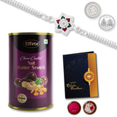 Multicolor Rangoli Floral Silver Color Rakhi / Bracelet (K1_A31_BS) & Chocolate Butter Scotch 96gm, with Silver Color Pooja Coin, Roli Chawal & Greeting Card, Occasion, Rakhi Combo with card and chocolate, chocolates gift pack, Rakhi & Choco