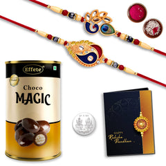 Multicolor Rakhi Combo with Chocolate Magic , Silver Color Pooja Coin, Roli Chawal & Greeting Card, Occasion, Rakhi & Chocolate for brother, bracelets for men stylish, rakhi with gift, Rakhi Combo, Set of 2 Rakhi, Rakhi Chocolate Gift combo