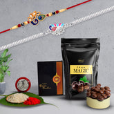 Multicolor Bracelet/ Rakhi (K2_535+A22_SP) & Choco Magic with Silver Color Pooja Coin, Roli Chawal & Greeting Card, Occasion, Rakhi & Chocolate for brother, Rakhi with chocolate, rakhi with gift, Rakhi Combo, Set of 2 Rakhi, Rakhi Chocolate