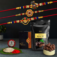 Rakhi (K3_313+314+315_SM) & Choco Magic (Pouch)| Rakhi for brother with gift | handmade rakhi |rakhi combo for brother | stylish rakhi for brother | Set of 3 Rakhi |