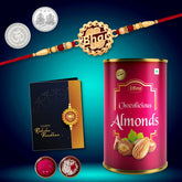 Multicolor BHAI coded rakhi / Bracelet (K1_527_CA) & Chocolate Almonds 96gm with Silver Color Pooja Coin, Roli Chawal & Greeting Card | Occasion | Rakhi Combo with card and chocolate | chocolates gift | Rakhi & Chocolate for brother | rakhi