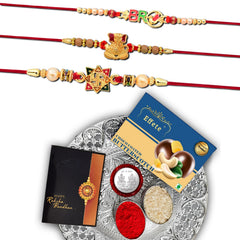 Rakhi Combo (K3_3+10+12_DS+BS32) Chocolate Butter Scotch 32gm & Silver Pooja Thali with Pooja Coin & Greeting Card, Rakhi gift set, Rakhi thali, rakhi thali set, Rakhi with plate, rakhi hamper for brother, rakhi with gift, rakhi for brother