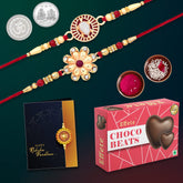 Multicolor Turtle & Flower Floral Crystal Colorful Beads Rakhis / Bracelet (K2_285+286_CB32) & Chocolate Beats 32gm with Silver Color Pooja Coin, Roli Chawal & Greeting Card | Occasion | Rakhi for brother with gift | handmade rakhi |rakhi co