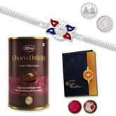 Multicolor Free Hand Drawing Silver Color Rakhi / Bracelet (K1_A30_CD) & Chocolate Delight 96gm with Silver Color Pooja Coin, Roli Chawal & Greeting Card | Occasion | Rakhi for brother with gift | Rakhi with chocolate |rakhi combo for brothe