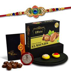 Rakhi For Brother Set Of 1 with Chocolate Almonds 32gm, Pooja Coin with Greating Card, Rakhi For Kids, Brother and Bhabhi, Rakhi With Chocolate, Sweets, Rakhi Gift, Rakhi Combo (K1_549_CA32)