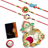 Rakhi Combo with Pooja Coin, Shri Ganesh Pooja Thali / Tilak Set & Greeting Card Rakhi with plate| rakhi for kids |rakhi in silver | handmade rakhi | rakhi for brother & bhabhi |rakhi Set of 3