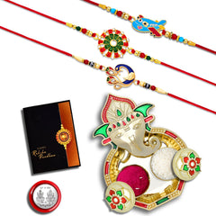 Rakhi Combo with Pooja Coin, Shri Ganesh Pooja Thali / Tilak Set & Greeting Card Rakhi with plate| rakhi for kids |rakhi in silver | handmade rakhi | rakhi for brother & bhabhi |rakhi Set of 3