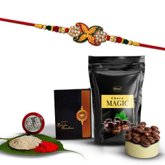 Rakhi Combo (K1_547_SM) & Choco Magic (Pouch) with Pooja Coin & Greeting Card | Rakhi Gift Hamper | Rakhi Combo with card and chocolate | chocolates gift | Rakhi & Chocolate for brother | rakhi with gift | rakhi set of 1