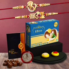 Rakhi For Brother Set Of 2 Combo with Chocolate Butter Scotch 32gm, Pooja Coin & Greeting Card, Rakhi For Brother And Bhabhi, Rakhi With Chocolate, Rakhi With Gift For Brother, Rakhi For Kids, Rakhi Set, Rakhi Combo, Rakhi With Sweets (K2_412+413_B