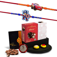 (K2_870+871_EM32) Rakhi Combo with Chocolate Magic 32gm, Pooja Coin & Greeting Card, kids rakhi with gift, rakhi with gift for kids, rakhi for kids, Rakhi with chocolate, rakhi for brother kids, rakhi for kids boy, rakhi set of 2