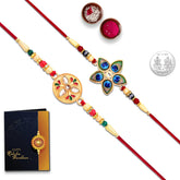 Rakhi Combo (K2_508+512) with Pooja Coin & Rakhi Greeting Card silver rakhi for brother, rakhi for brother and bhabhi, kundan rakhi, lumba rakhi for bhabhi