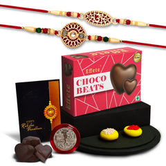 Rakhi Combo Gift Brother Center Filled Chocolate | Golden Color Stone Rakhi | Rakhi Gift Brother/Sister | Bracelet Rakhi | Rakhi Set Of 2| Greeting Card,Roli-Chaval,Coin(K2_509+510_Cb32)