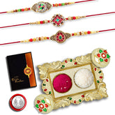 Rakhi Combo with (K3_417+418+419_AA1) with Pooja Coin, Gold Color Pooja Thali / Tilak Set & Greeting Card Rakhi with plate | rakhi thali set | rakhi in silver | rakhi hamper | handmade rakhi | rakhi for brother kids | rakhi for brother and bhabhi |