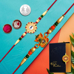 Unisex-Adult Rakhi (K2_526+535) Pooja Coin & Rakhi Card, Lumba Rakhi For Bhabhi|Bhai Bhabhi Rakhi Set|Rakhi For Brother & Bhabhi|Silver Rakhi For Brother|Rakhi For Brother|Rakhi Set Of 1