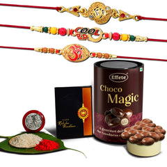 Rakhi (K3_403+404+406_EM) & Chocolate Magic, Rakhi for brother with gift, Rakhi with chocolate, rakhi combo for brother, Set of 3 Rakhi, Chocolate