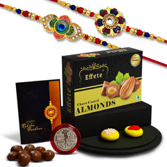 Rakhi (K2_549+550_CA32) & Chocolate Almonds 32gm, Rakhi Combo with card and chocolate, chocolates gift pack, Rakhi & Chocolate for brother, rakhi with gift, Set of 2 Rakhi