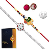 Unisex Adult Multicolor (K2_504+A4) Rakhi Combo With Pooja Coin & Rakhi Greeting Card, Kundan Rakhi, Rakhi For Brother And Bhabhi, Silver Rakhi For Brother, Lumba Rakhi For Bhabhi