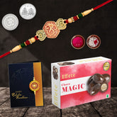 Multicolor Simple heart rakhi / Bracelet (K1_528_CM32) & Chocolate Magic 32gm, with Silver Color Pooja Coin, Roli Chawal & Greeting Card, Occasion, Rakhi & Chocolate for brother, Rakhi with chocolate, rakhi with gift, Rakhi Combo, Set of 1 R