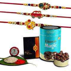 Rakhi (K3_316+317+319_CM) & Chocolate Magic, Rakhi Combo with card and chocolate, chocolates gift pack, Rakhi & Chocolate for brother, rakhi with gift, Set of 3 Rakhi