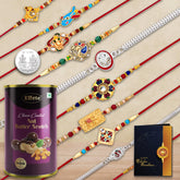 Multicolor Bracelet/ Rakhi (K10_MC8_BS) & Chocolate Butter Scotch with Silver Color Pooja Coin, Roli Chawal & Greeting Card | Occasion | Rakhi Combo with card and chocolate | chocolates gift | Rakhi & Chocolate for brother | rakhi with gift