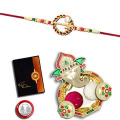 Rakhi Combo with (K1_560_AA3) with Pooja Coin, Shri Ganesh Pooja Thali / Tilak Set & Greeting Card Rakhi with plate | rakhi thali set | rakhi in silver | rakhi hamper | handmade rakhi | rakhi for brother kids | rakhi for brother and bhabhi | rakhi